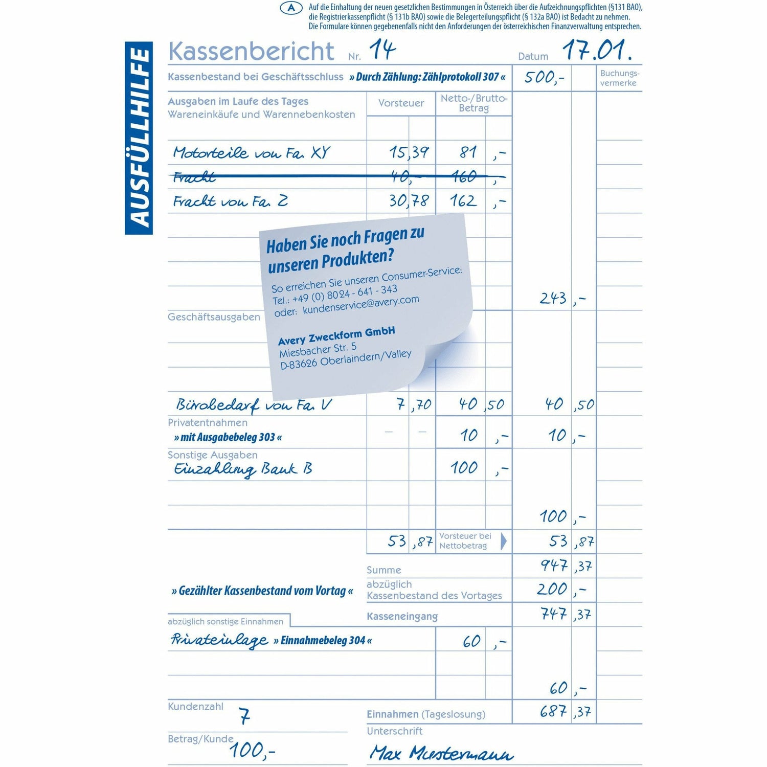 Avery-Zweckform | Kassenbericht | 317