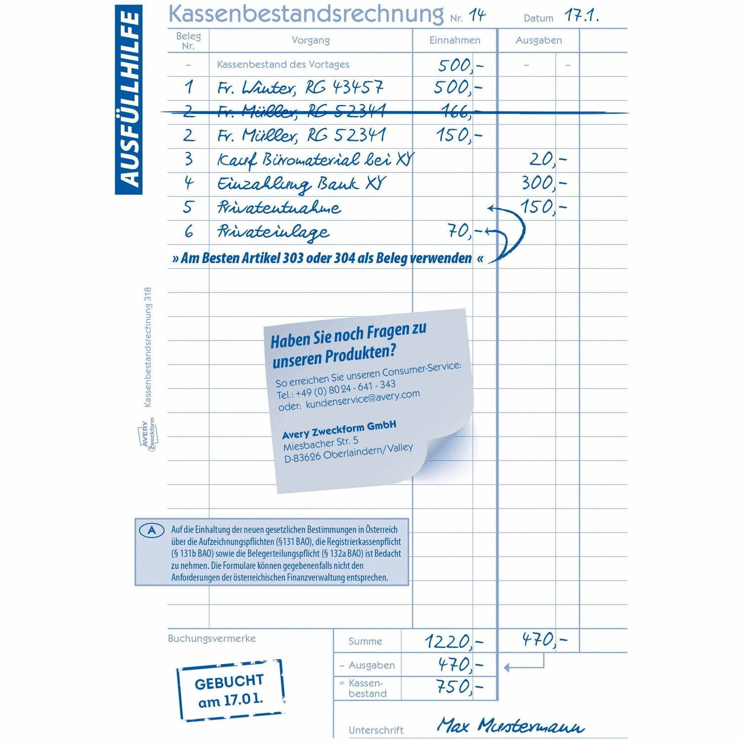 Avery-Zweckform | Kassenbestandsrechnung | 318