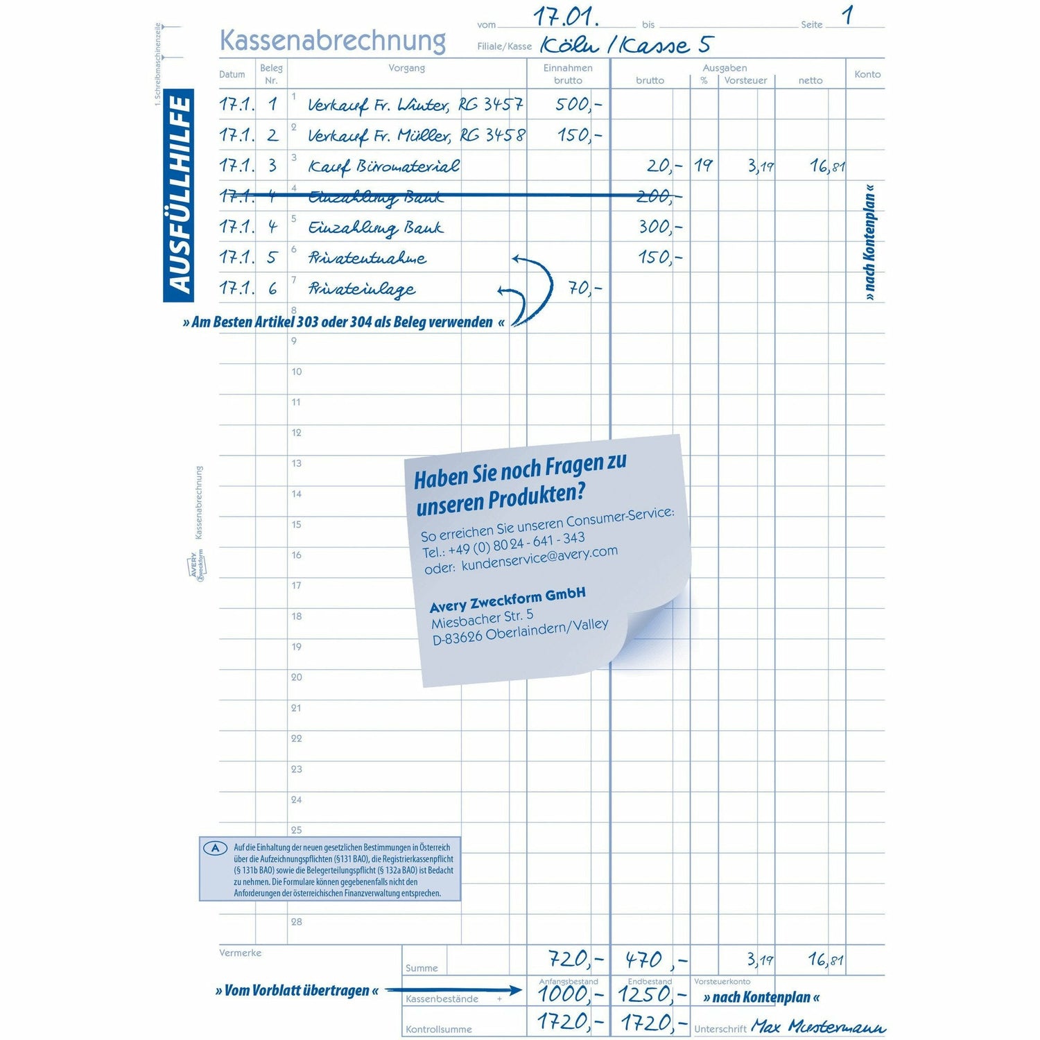 Avery-Zweckform | Kassenabrechnung | 428